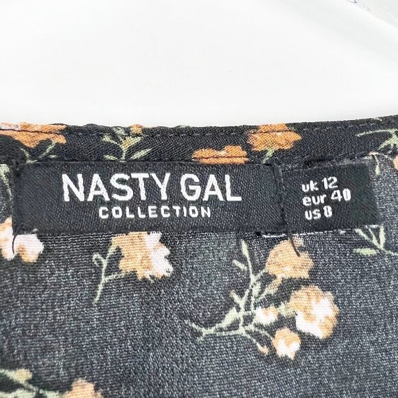 Nasty Gal Dress Women's 8 Black Orange Tea Floral Button Down Cinched Waist Mini - Picture 6 of 16